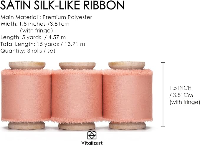 Vitalizart Pink Silk Satin Ribbon 1-1/2 inch x 15 Yard Rose Gold Handmade Frayed Ribbons for Gift Wrapping Baby Shower Wedding Bridal Bouquets Holiday Decor