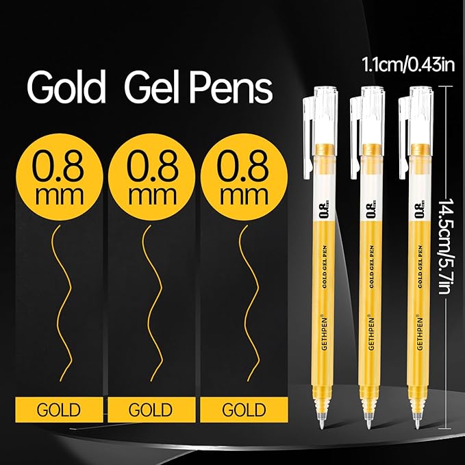 0.8mm Gold Gel Pens 3-Pack – Extra Fine Point Opaque Ink for Black Paper Drawing, Sketching, Bullet Journaling & Holiday Card Design