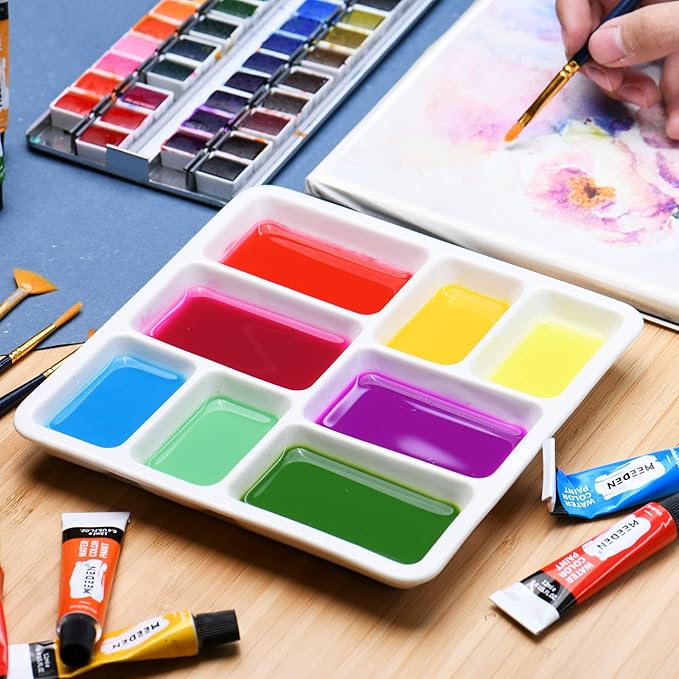 MEEDEN 8-Well Ceramic Artist Paint Palette, Square Porcelain Watercolor Palette, White Ceramic Mixing Tray for Gouache Painting, Oil Painting, Acrylic Painting & Tempera Painting, 7"× 7"× 0.9"