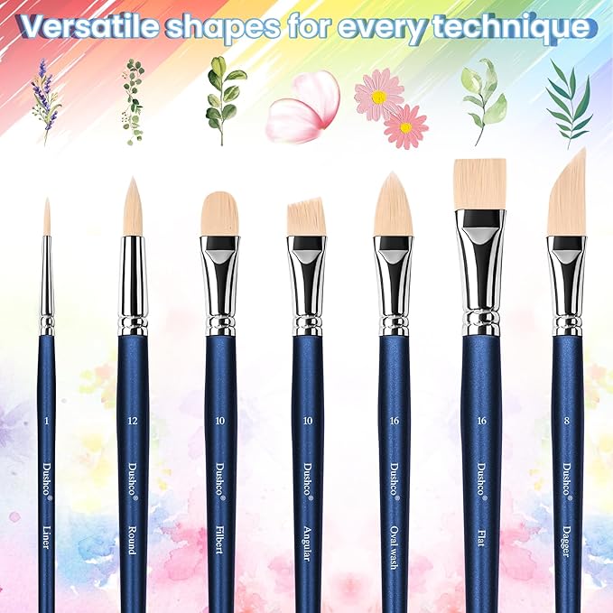 Artist Paint Brushes Set, 12 Pcs Watercolor Brushes Professional, Water Color Brushes - Round, Flat, Liner, Filbert, Angular, Oval Wash & Dagger for Acrylics, Ink, Watercolor, Gouache, Oil, Tempera
