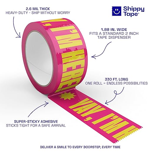 Cool Decorative Packing Tape for Small Business, Cute Designer Printed Packaging and Shipping Tape, Yay I'm Here!, Neon Pink Yellow, 1.88" x 110 Yards (330 feet)
