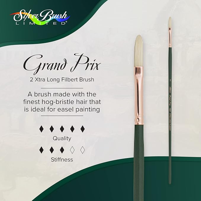 Silver Brush Limited 10272 Grand Prix Filbert Brush for Oil Paintings, Size 2, Xtra Long Handle