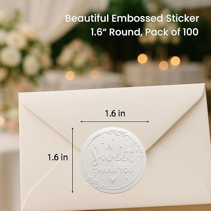 100 x A Sweet Thank You Wedding Stickers Party Embossed Sticker, Raised Embossing Favors Labels, Thank You Gifts Embossed Round Stickers, Gift Box Labels, 1.6 inch