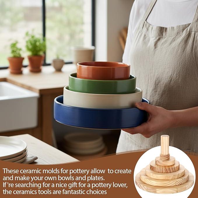 6 Pack Pottery Molds 2'' 4'' 6'' 8'' 10'' 12'' Thickness 1'' Plaster Molds Wood Pottery Tools with Handle for Ceramic Top Forms DIY Bowls Plate Dish Slump Press Art Making (Round)