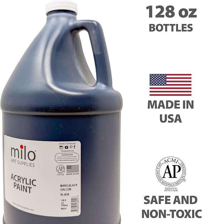 milo Mars Black Acrylic Paint – 128 oz (1 Gallon) Supply | Made in USA AP Certified Non-Toxic | Essential Bulk Art Paint for Classroom, Studio, All Artists