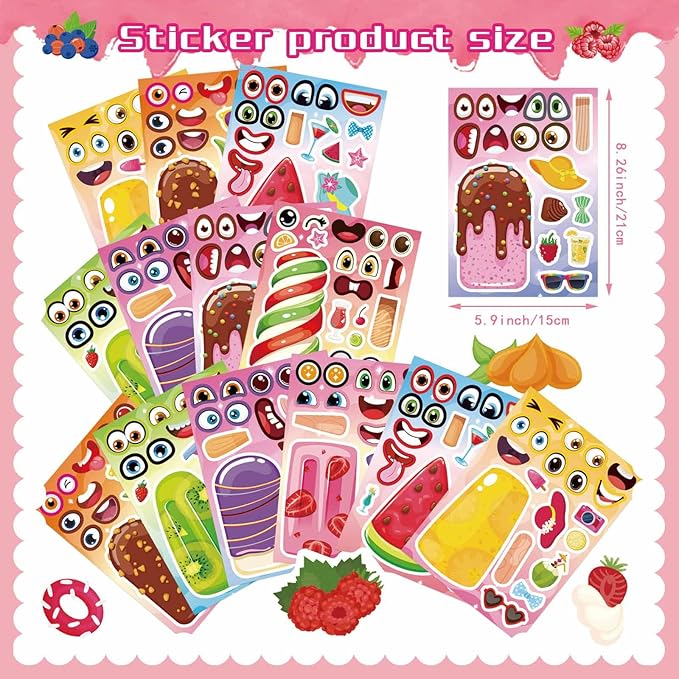 24 Sheets Make Your Own Ice Cream Stickers for Kids Toddlers, Make a Face Sticker Mix and Match Watermelon, Chocolate, Kiwi, Strawberry Ice Cream Stickers for Kids Activities Supplies Crafts