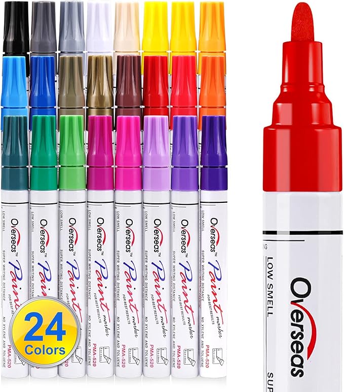 Overseas Paint Marker Pens - 24 Colors Permanent Oil Based Paint Markers, Medium Tip, Quick Dry and Waterproof Assorted Color Paint Pen for Metal, Wood, Plastic, Stone, Mugs, Canvas, Glass, Art Craft