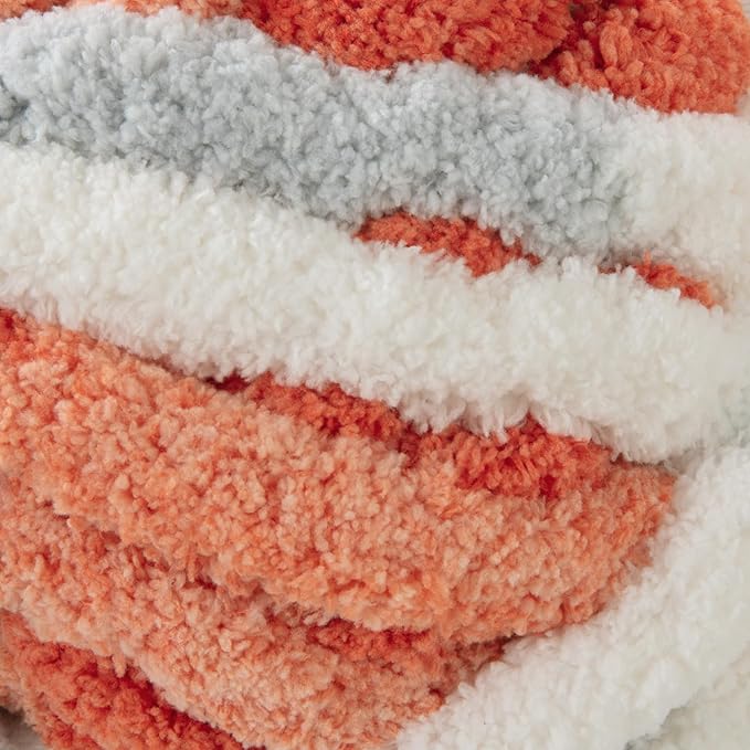 Hombys 8 Pack Giant Chunky Yarn for Crocheting & Knitting - Super Bulky Large Soft Fluffy Tie Dye Plush Fuzzy Mixed Color Thick Chenille Yarn (Orange, Light Grey, White)