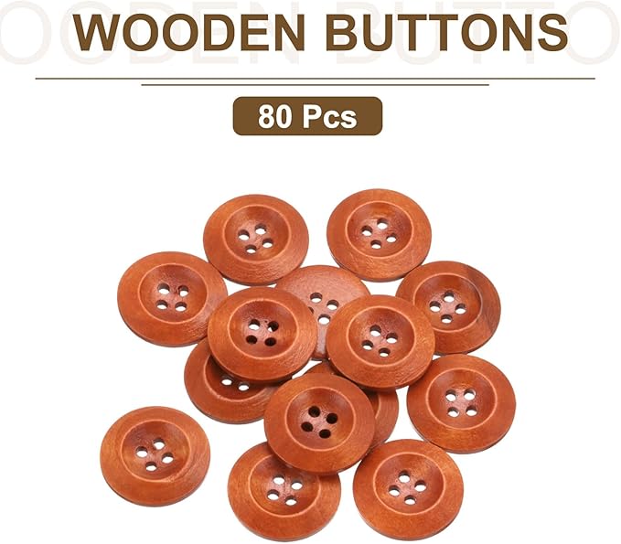 uxcell 80Pcs Wooden Buttons, 23mm(7/8") 4 Hole Round Wood Sewing Button Craft for Sewing DIY Craft Clothing, Brown