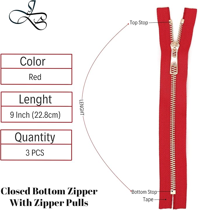 #5 Gold Metal Zipper - 50+ Colors - 3 PCS - (4-14 inches) Sizes - Luxury Lightweight Handcraft Metal Zippers with pulls for Purses Bags Pockets Shoes Sewing & Crafts DIY ZP02179