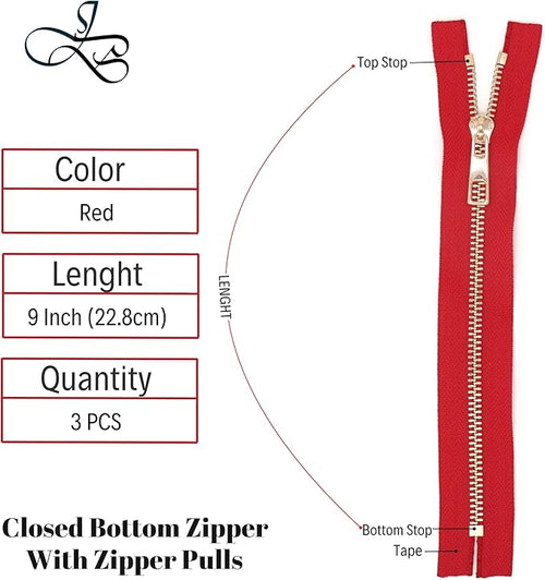 #5 Gold Metal Zipper - 50+ Colors - 3 PCS - (4-14 inches) Sizes - Luxury Lightweight Handcraft Metal Zippers with pulls for Purses Bags Pockets Shoes Sewing & Crafts DIY ZP02179