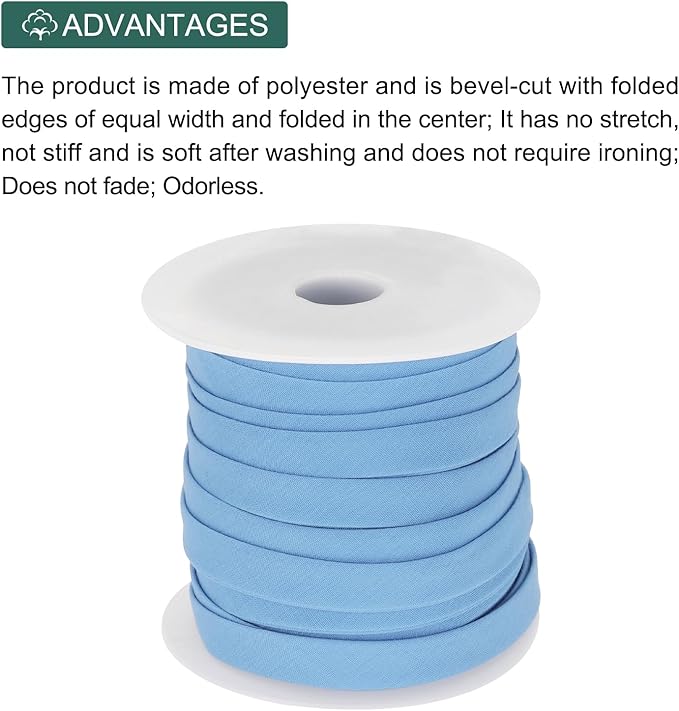 MECCANIXITY 1/2 Inch Double Fold Bias Tape Polyester Continuous Bulk Bias Tape for Sewing,Seaming Quilting Hemming Binding Crafts (Light Blue 25 Yards)