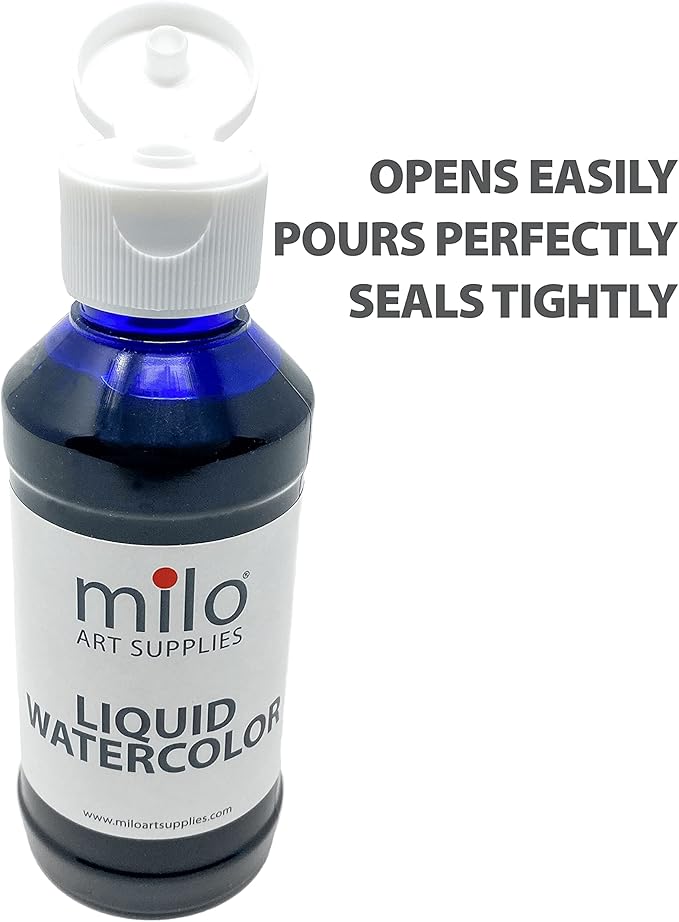milo Liquid Watercolor Paint Set of 8 Colors | 4 oz Bottles | Washable, Safe and Non-Toxic | Made in USA | Arts & Crafts Paints for School Supplies and Painting Set | Easy to Pour Fluid Bottles