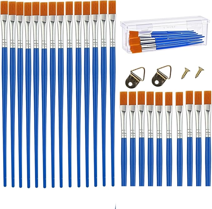 50 Pcs Boxed Paint Brushes, Washable Flat and Round Art Brushes, Suitable for Student, Teaching and Craft Detail Painting, Graffiti, Watercolor Painting and face Painting (Flat Head)