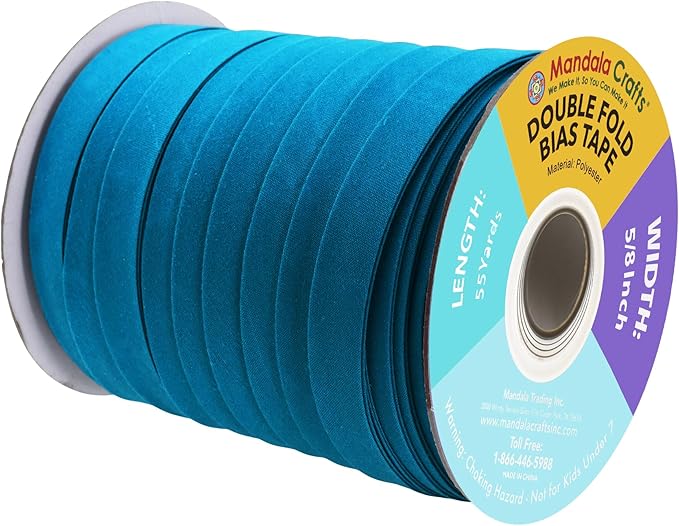 Mandala Crafts 55 Yards 5/8 Inch Teal Double Fold Bias Tape for Sewing - Bias Binding Tape for Quilting Binding, Hemming, Seam, and Fabric Piping