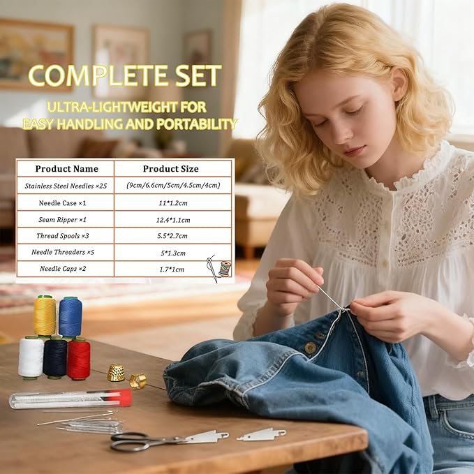 Stainless Steel Sewing Kit, 36-Piece Household Sewing Supplies with Needles, Threads, Scissors, Thimble for Home, Travel, and Emergency Repairs (Basic Hand Sewing Set)