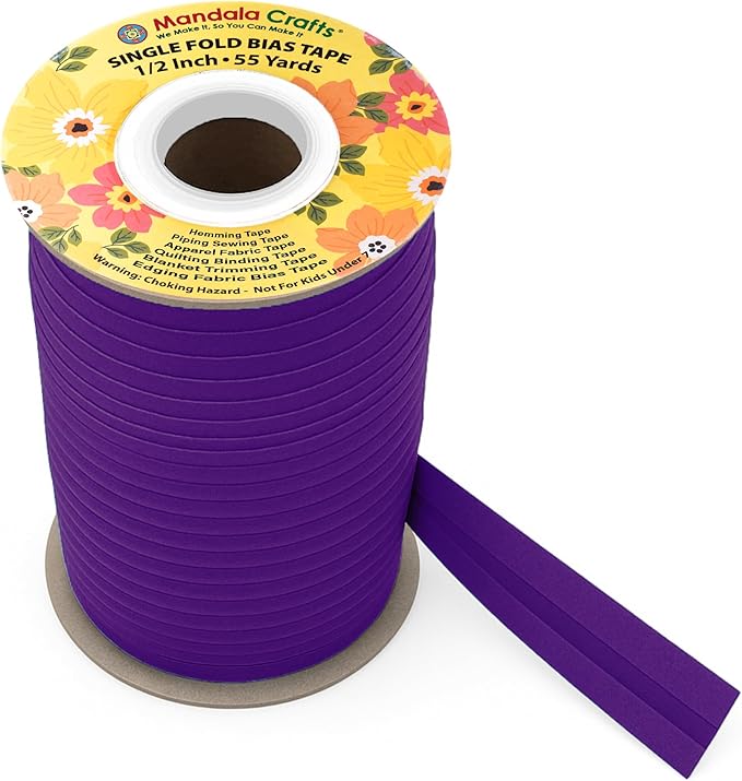 Mandala Crafts 1/2 Inch Single Fold Bias Tape for Sewing, Quilting, Piping, Hemming, Blanket & Quilt Binding – 55 Yards Purple Fabric Seam Binding Tape