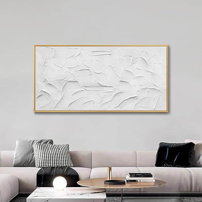Large Size Hand-Painted Oil Painting on Canvas Gold Frame White Textured Wall Art Abstract Minimalist 3d Artwork Neutral Wall Picture Home Decor for Living Room Bedroom Office Ready to Hang 60x40inch