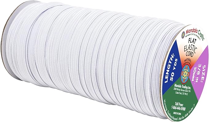 Mandala Crafts 10mm 50 Yds Roll of White Elastic Bands for Sewing - 3/8 Flat Elastics Cord - 3 8 Inch Braided Stretch Straps for Crafting