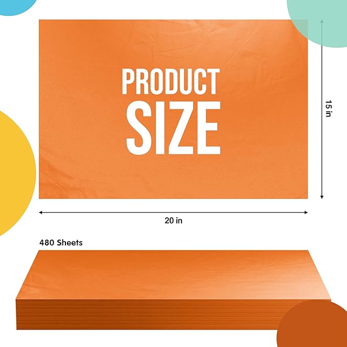 Party Solids Orange Tissue Paper for Gift Bags - 15" X 20" Bulk Tissue Paper Orange 480 Sheets - 10lb Newsprint for Packing, Birthday Gift Box Filler, Packing Supplies for Moving Supplies