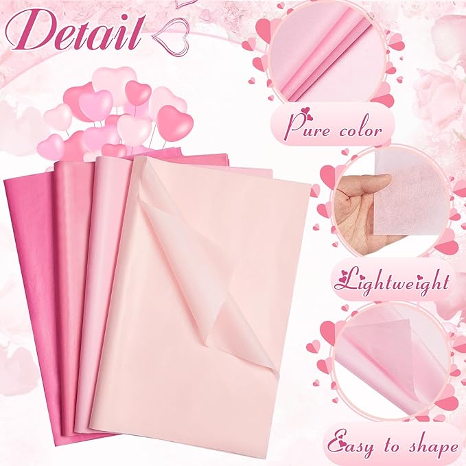 Qilery 500 Sheets Valentine's Day Pink Tissue Paper Bulk for Gift Bags 15 x 20 Inch Acid Free Packaging Wrapping Paper Sheets for Valentine's Day Wedding Decoration DIY Flower, Pom Poms Craft Supplies