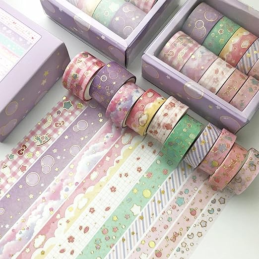 YUBX Creative Washi Tape Set 10 Rolls Gold Foil Print Decorative Masking Tapes for Arts, DIY Crafts, Journals, Planners, Scrapbook, Wrapping (Cute Sweety)