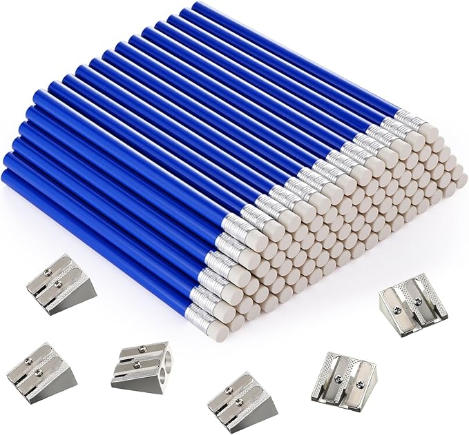Fainne 102 Pcs Bulk Thick Jumbo Graphite Pencils Set 96 Fat Giant Large Pencils and 6 Sharpeners Enhanced Grip for Art Drafting Writing Drawing Office and Home Use(Blue,Round)