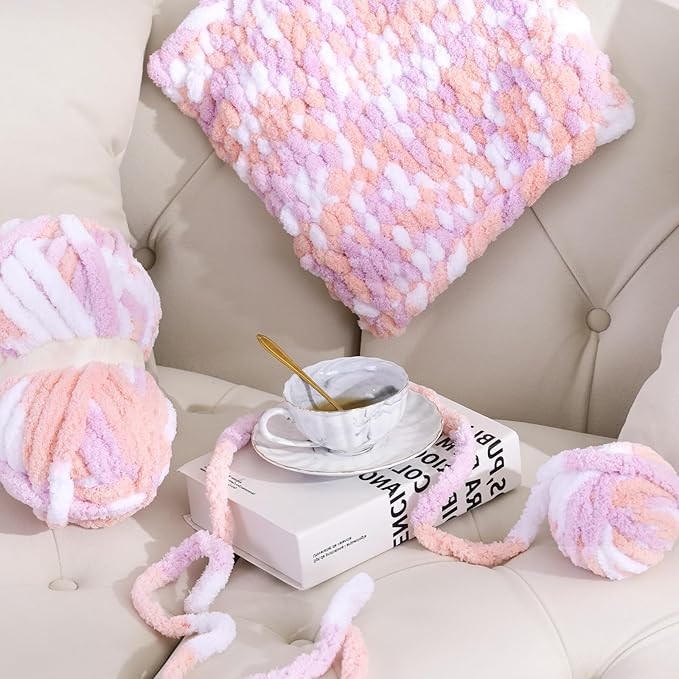 HOMBYS Pink,Purple,White Chunky Chenille Yarn for Hand Knitting,Fluffy Soft Jumbo Yarn Crocheting,Super Bulky Big Yarn for Chunky Blanket,Large Thick Arm Knitting Yarn,8 Pack Plush Yarn