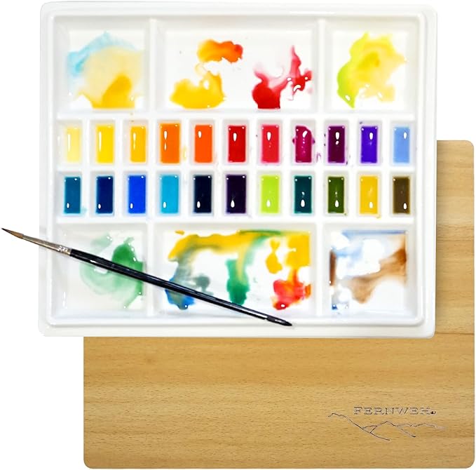 Ceramic Watercolor Paint Palette with Wooden Lid - 12x10 Inch Porcelain Mixing Tray with 22 Wells and 6 Large Wells - Professional Palette for Gouache, Acrylics, and More - Durable Design