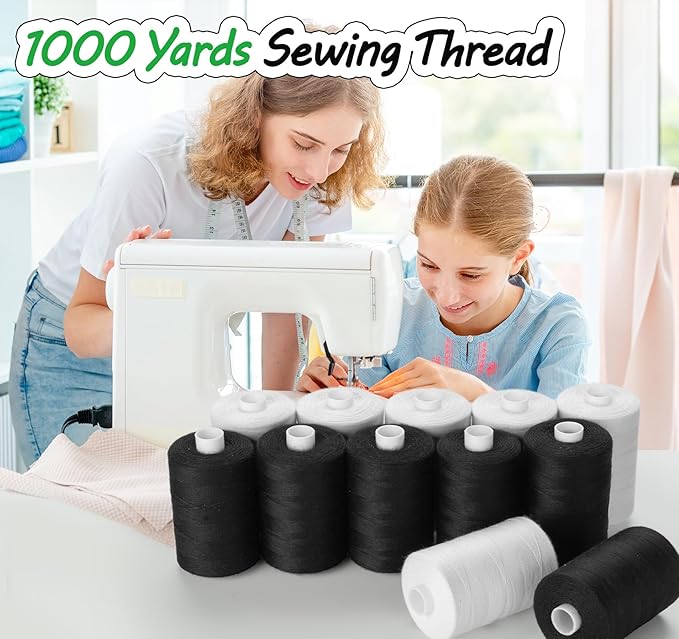 12PCS Thread - 1000Yard Black All Purpose Sewing Machine Thread for Sewing Machine, Hand Stitching, Embroidery Clothing Repair, Home Decor