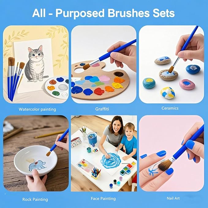50 Pcs Boxed Paint Brushes, Washable Flat and Round Art Brushes, Suitable for Student, Teaching and Craft Detail Painting, Graffiti, Watercolor Painting and face Painting (Flat Head)