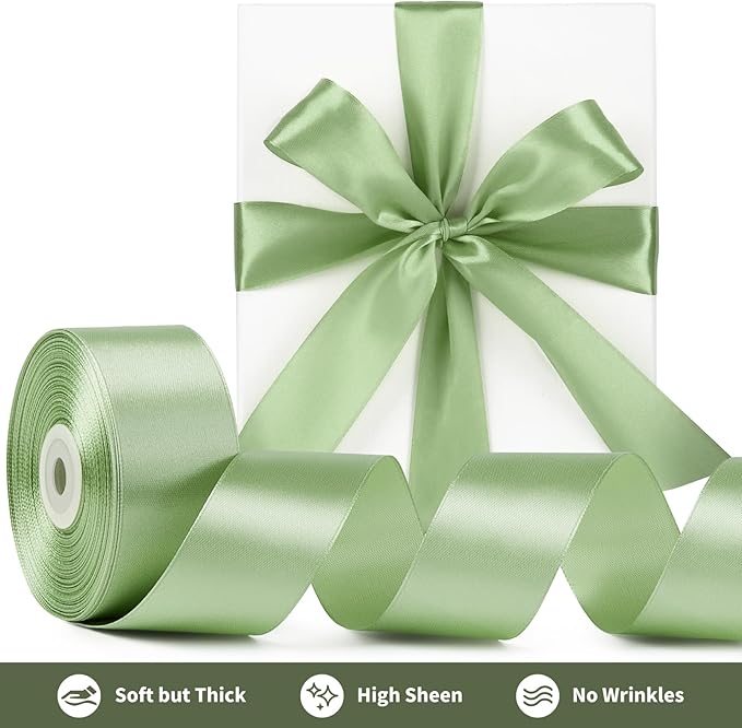 1-1/2 Inch Wide Sage Green Satin Ribbon, 50 Yards Solid Polyester Fabric Ribbon for Roses Making, Gift Wrapping, Valentine's Day, Wedding Decorations, Crafts, Bows