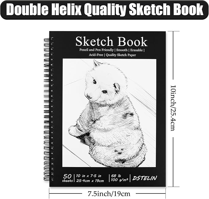 DSTELIN 10 x 7.5 Inch Black Sketchbook, Spiral Bound, 50 Sheets Acid-Free Drawing Paper, Ideal for Beginners and Professionals