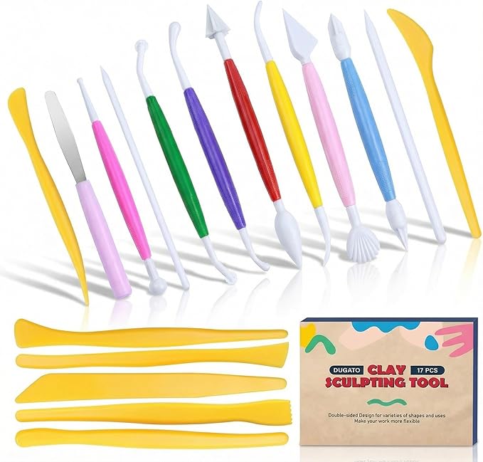 DUGATO Clay Sculpting Tools (17pc Set) - Double-Sided Plastic Modeling Kit for Polymer Clay, Pottery, Fondant & Cake Decorating - Art & Craft Supplies for Beginners & Artists