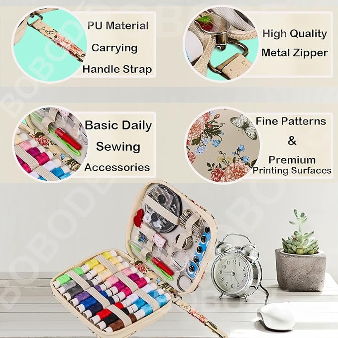 Printing Sewing Kit Floral Pattern Sewing Set Small Basic Travel Sewing Kit for Adults, 87 PCS Professional Sewing Supplies Accessory for Emergency, Home