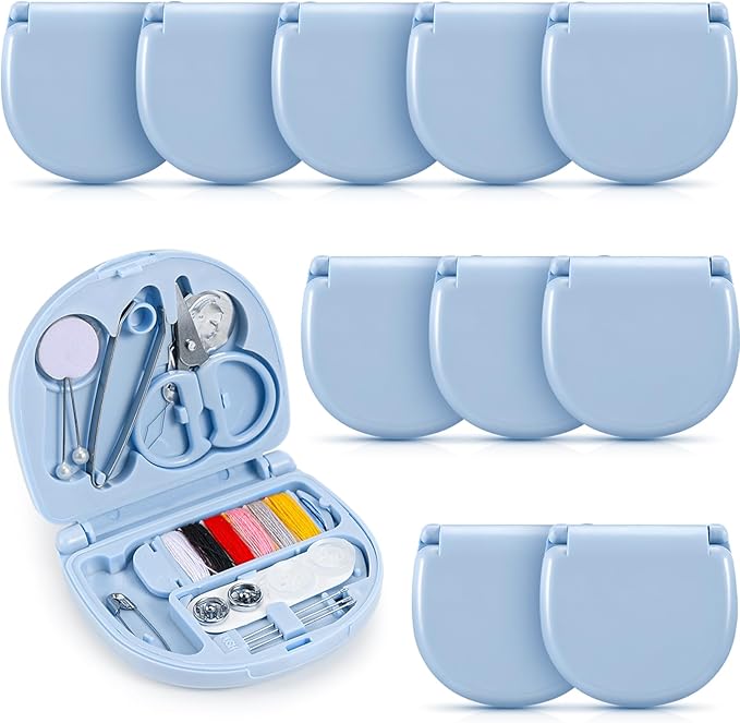 Yuxung 10 Pcs Mini Travel Sewing Kit Portable Emergency Repair Kit Mini Sewing Box with Threads Scissors Needles DIY Supplies for Beginner Traveler Hotel Charity(Light Blue)