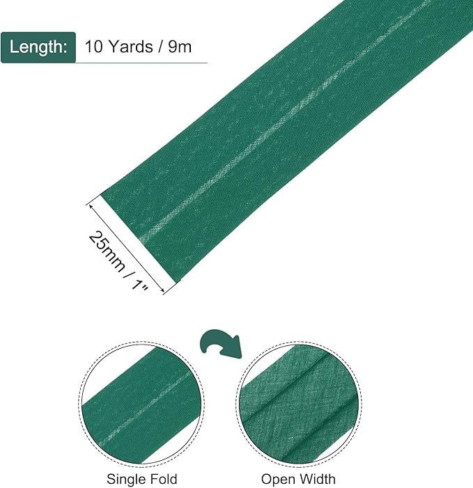 MECCANIXITY 1 Inch Single Fold Bias Tape Cotton Continuous Bulk Bias Tape for Sewing, Seaming Quilting Hemming Binding Crafts (Dark Green 10 Yards)