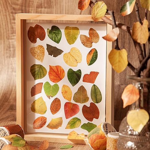 8 Roll Leaves Washi Tape Masking Tape Decorative Fallen Leaves Aesthetic Stickers for DIY Diary Planner Scrapbooking Art Craft Supplies (50Petals/Roll, Box Set)