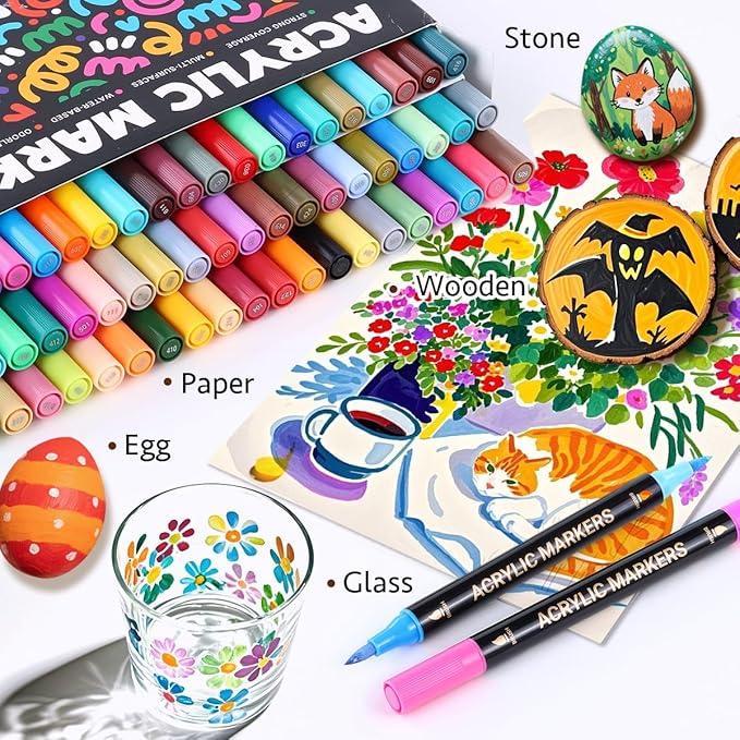 WINSONS 72 Colors Acrylic Paint Marker, Dual Tip and Dual Colors Acrylic Paint Pens for Stone, Wood, Canvas, Ceramic, Metal, Glass, Rock Painting, DIY Crafs Art Supplies (72 Colors)
