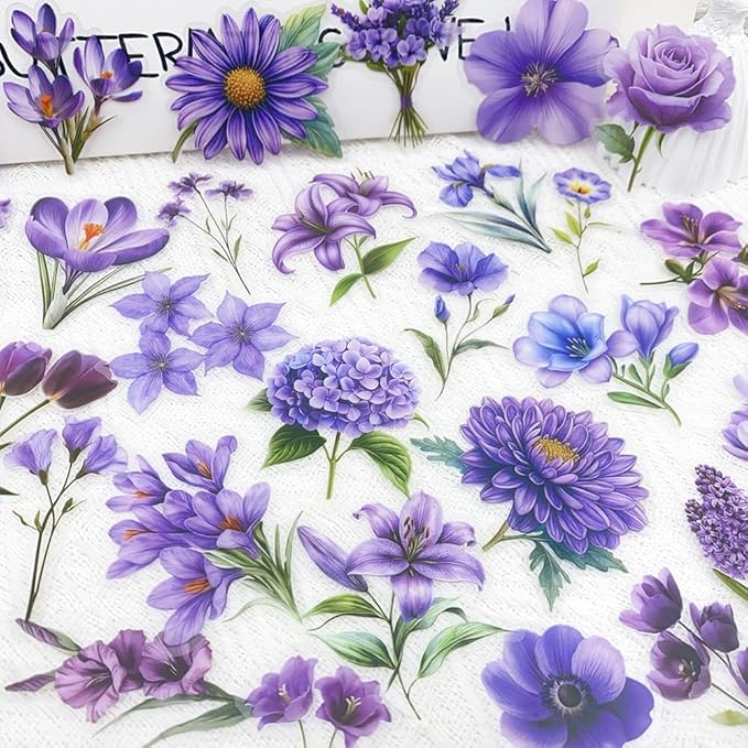 50pcs Purple Flower Transparent Stickers for Scrapbooking – Aesthetic Watercolor Floral Sticker Pack for Journaling, Resin Crafts, Laptop, Clear Botanical Decals