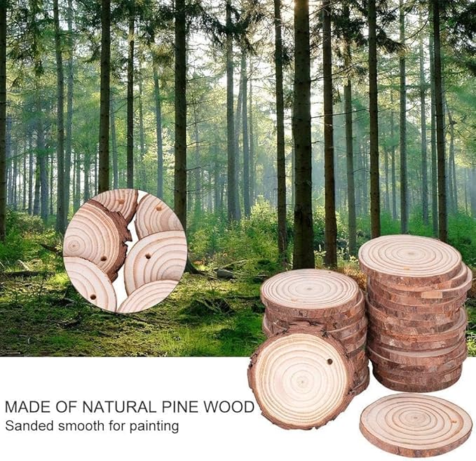 Wood Ornaments, Mathtoxyz Wood Slices 2.4-2.8 Inches 50 Pcs Rustic Unfinished Wood Log Discs Predrilled Wooden Circles for DIY Arts Crafts Halloween Christmas Ornaments Wedding
