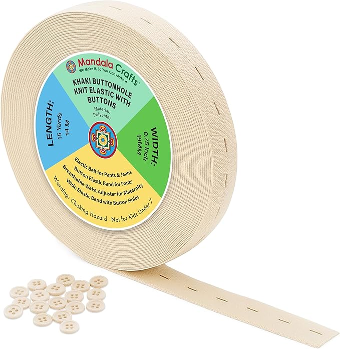Mandala Crafts Khaki Buttonhole Elastics Band Pants Waist Tightener for Jeans - 0.75 In 15 Yds Khaki Elastic with Button Holes for Button Extender Waistband Belt