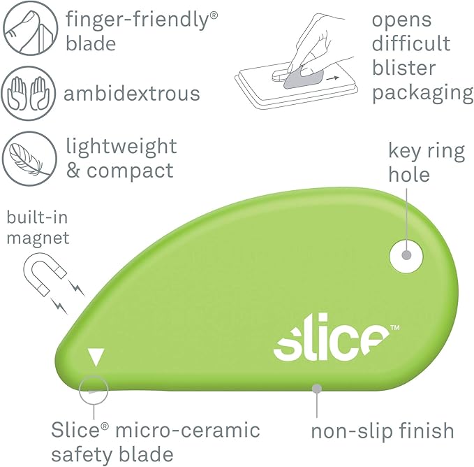 Slice Micro Safety Cutter | Safe Ceramic Box Cutter Lasting 11x Longer than Metal | Keychain Box Opener | 4 Pack | Green