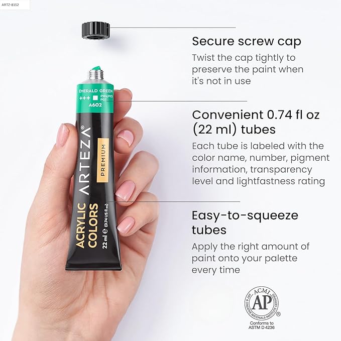 ARTEZA Acrylic Paint Set 24 Colors (0.74 oz Tubes). High-Viscosity, Richly Pigmented Paints for Canvas, Wood & Crafts. Non-Toxic Water-Based Formula. Holiday Gift for Artists & Painters
