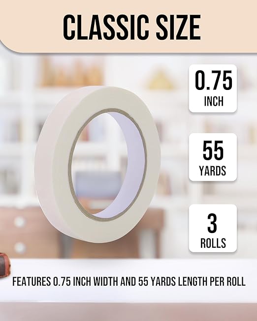 Lichamp Masking Tape 3/4 inch, 3 Pack General Purpose Masking Tape Beige, White Tapes for Painting, Arts, Crafts, 3/4 inch x 55 Yards x 3 Rolls (165 Total Yards)