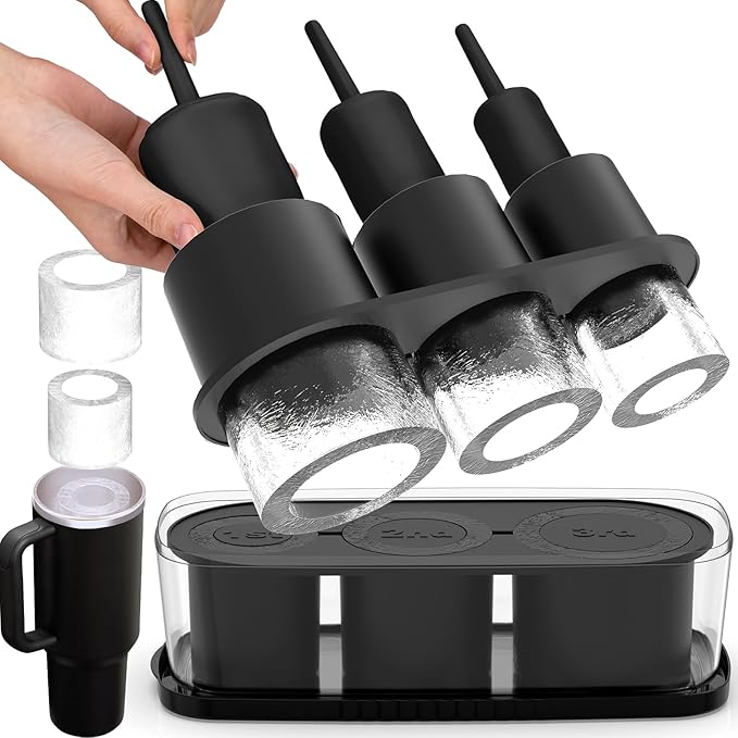 Ice Cube Tray for Tumbler Cup 30Oz-40Oz, 3 Pcs Silicone Cylinder Ice Mold with Lid and Bin for Freezer, Easy Fill and Release Ice Maker for Whiskey, Cocktail BPA-Free (Black, 40Oz-Type2)