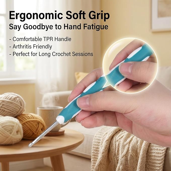 cobee 9Pcs Crochet Hooks, Ergonomic Crochets Hooks Set, Hook Knititng Needles Non Slip Rubber Handle Crochets, Long Crocheting Hook Grips for Beginners and Experiecced Crochet Lover