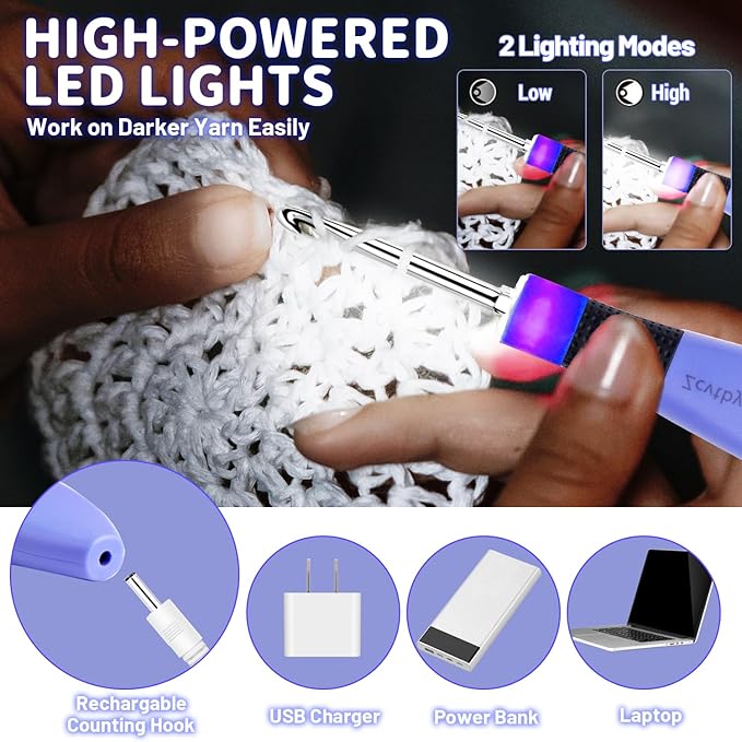 Light Up Crochet Hook Set Lighted Crochet Hook Set with 12 Different Size Interchangeable Crochet Needle, Ergonomic with 2 Levels Led and Digital Stitch Counter for Crocheting and Knitting