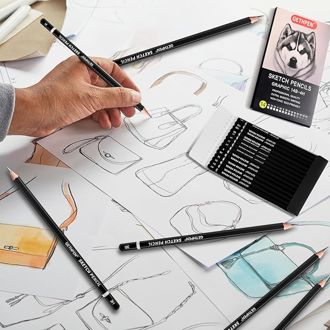 Professional Drawing Sketching Pencil Set - 14 Pieces Graphite Pencils(14B - 4H), Ideal for Drawing Art, Sketching, Shading, Artist Pencils for Beginners & Pro Artists