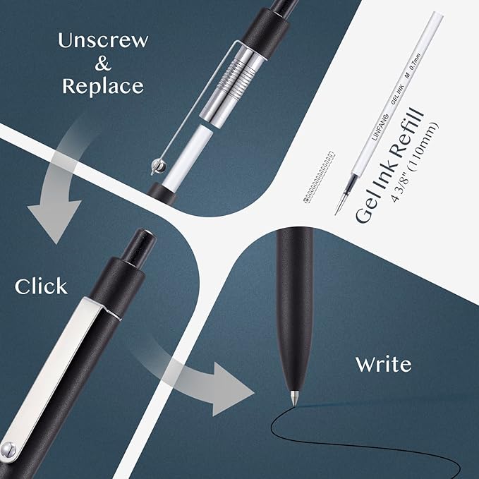 LINFANC 5 Pcs Gel Pens Ballpoint, Metal Barrel Medium Point 0.7 mm Quick Dry Black Ink Pens for Journaling, Smooth Writing Gel Pen, Cute School Supplies Office Supplies Gifts for Men